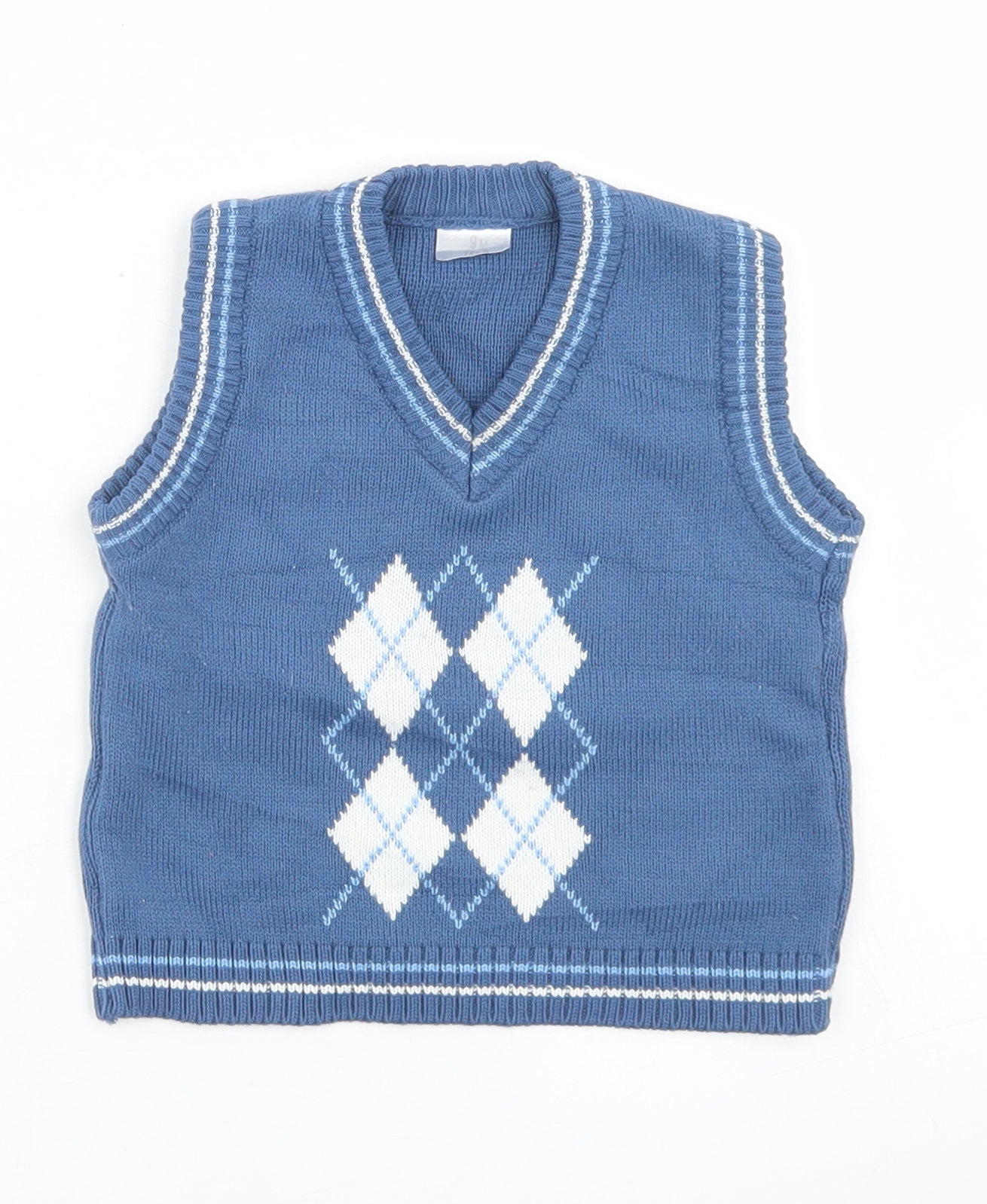 Preworn Boys Blue Argyle/Diamond Acrylic Vest Jumper Size 9-12 Months