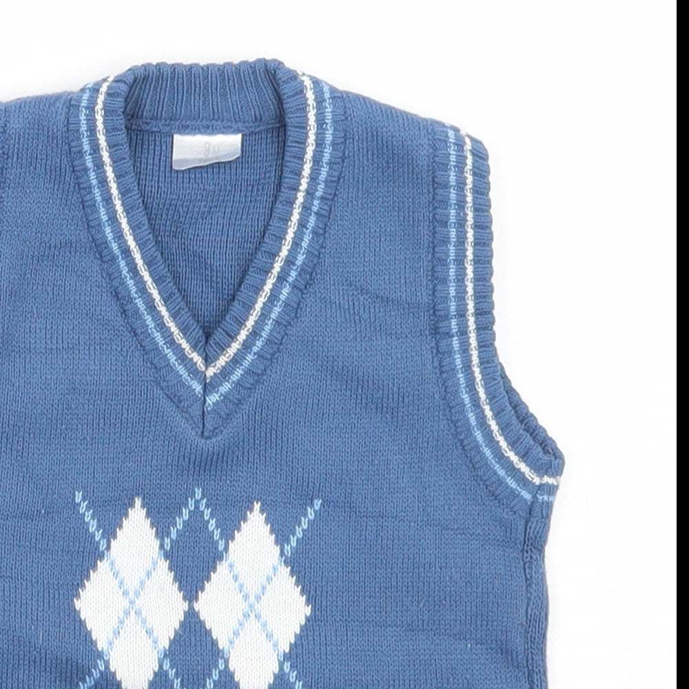 Preworn Boys Blue Argyle/Diamond Acrylic Vest Jumper Size 9-12 Months