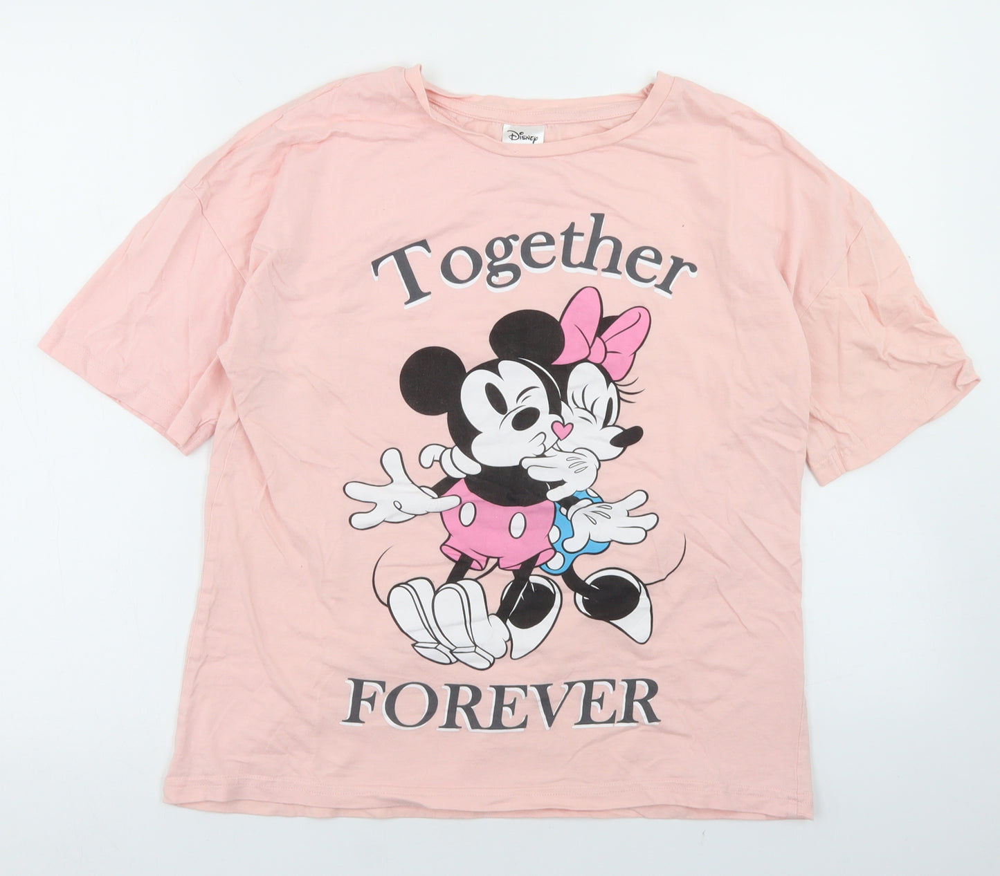 Disney Womens Pink  Cotton Basic T-Shirt Size 8 Crew Neck - Mickey & Minnie Mouse