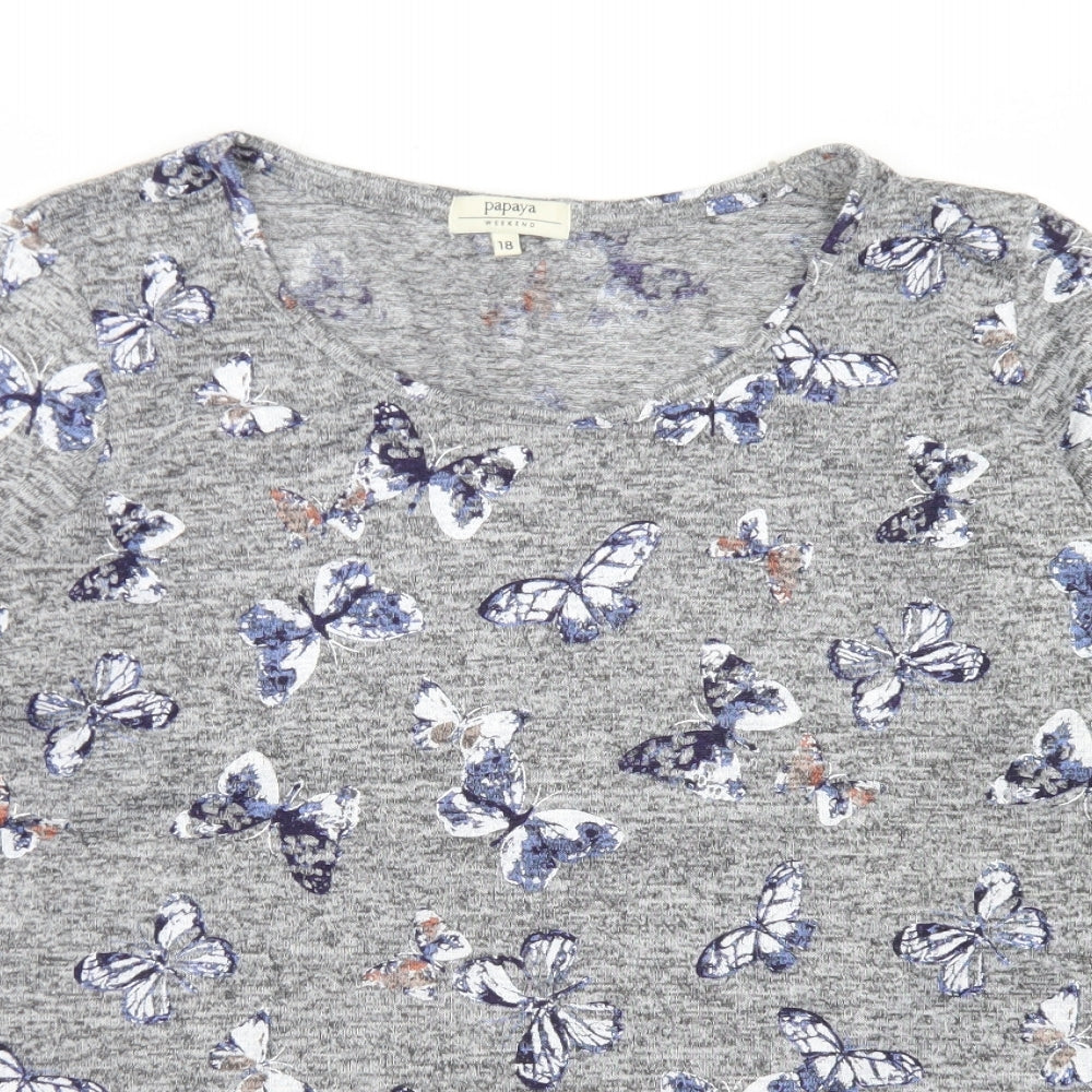 Papaya Womens Green Floral Polyester Basic T-Shirt Size 18 Round Neck - Butterfly print