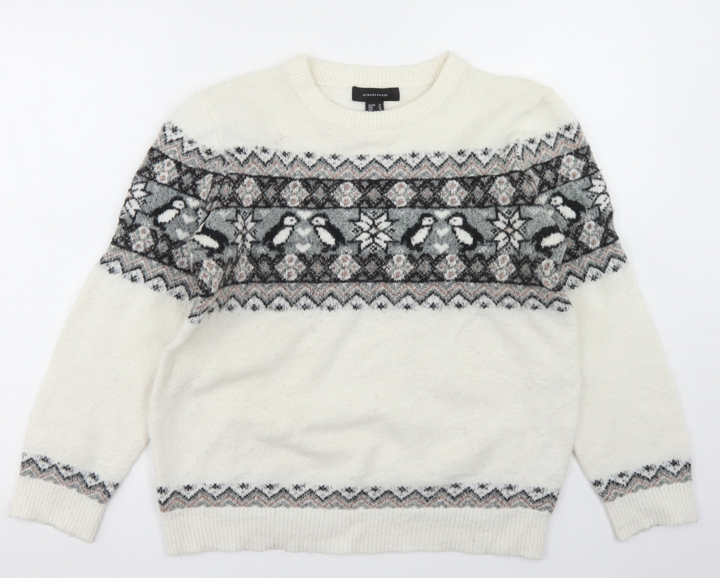 Atmosphere Womens White Crew Neck Fair Isle Acrylic Pullover Jumper Size 14