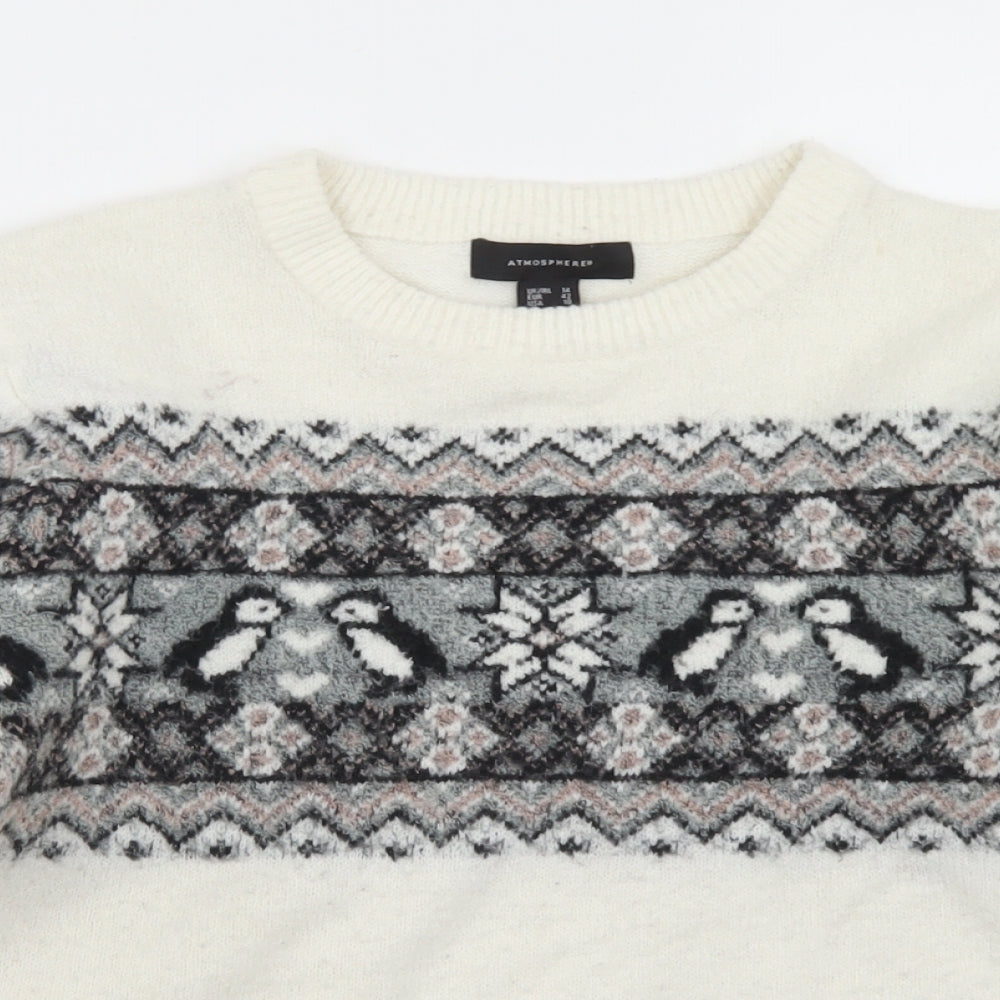 Atmosphere Womens White Crew Neck Fair Isle Acrylic Pullover Jumper Size 14