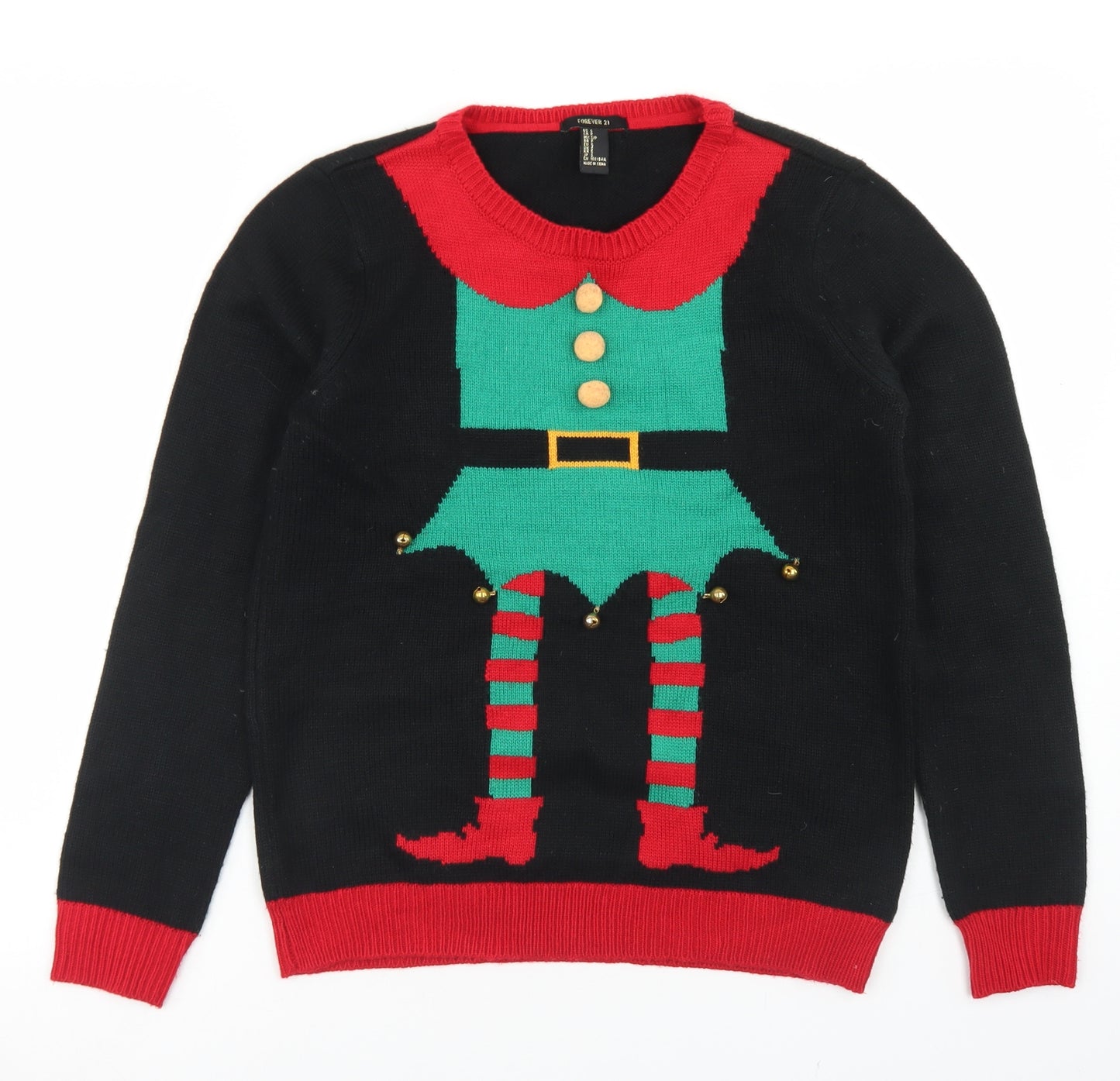 FOREVER 21 Womens Black Crew Neck  Acrylic Pullover Jumper Size S   - Christmas Elf