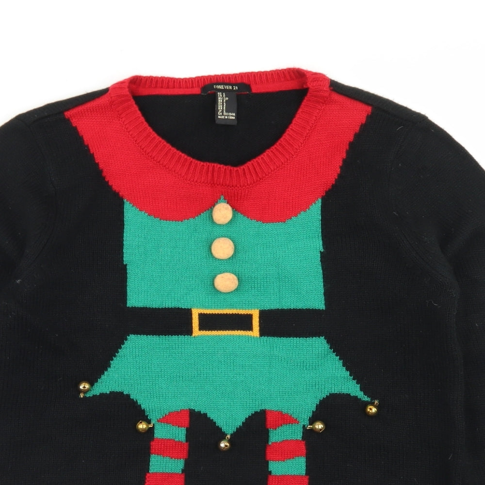 FOREVER 21 Womens Black Crew Neck  Acrylic Pullover Jumper Size S   - Christmas Elf