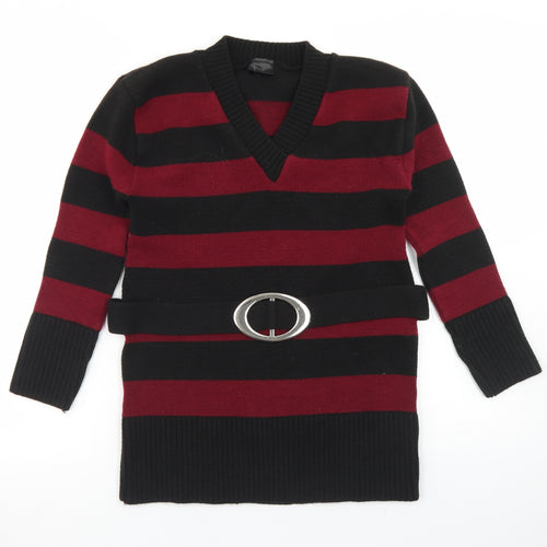 Etiquette Womens Red V-Neck Striped Acrylic Pullover Jumper Size XL