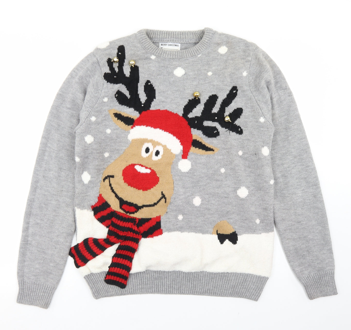 Primark Mens Grey Crew Neck  Acrylic Pullover Jumper Size M   - Christmas Reindeer