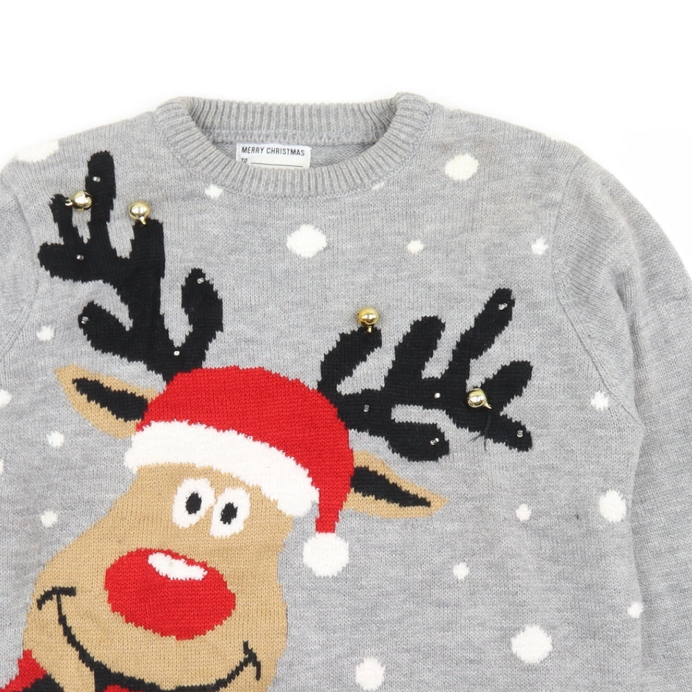 Primark Mens Grey Crew Neck  Acrylic Pullover Jumper Size M   - Christmas Reindeer