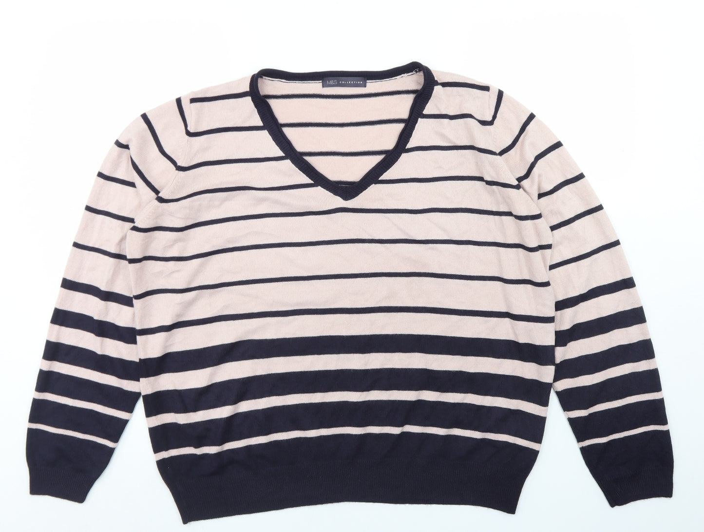 Marks and Spencer Womens Orange V-Neck Striped Acrylic Pullover Jumper Size 22