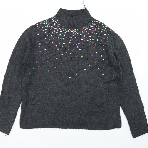TU Womens Grey Mock Neck  Acrylic Pullover Jumper Size 8