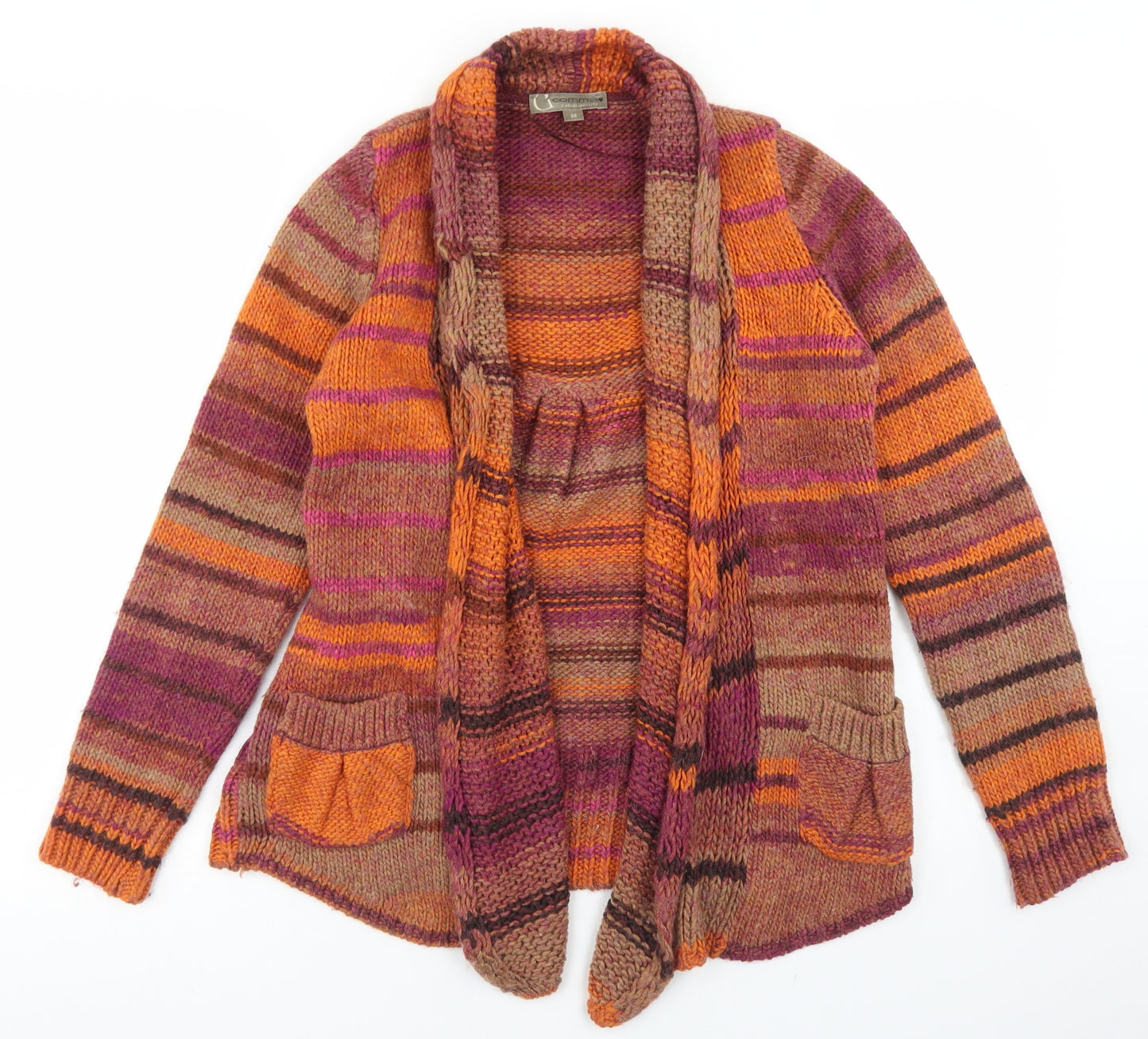G'Comma Womens Orange Collared Striped Acrylic Cardigan Jumper Size 10