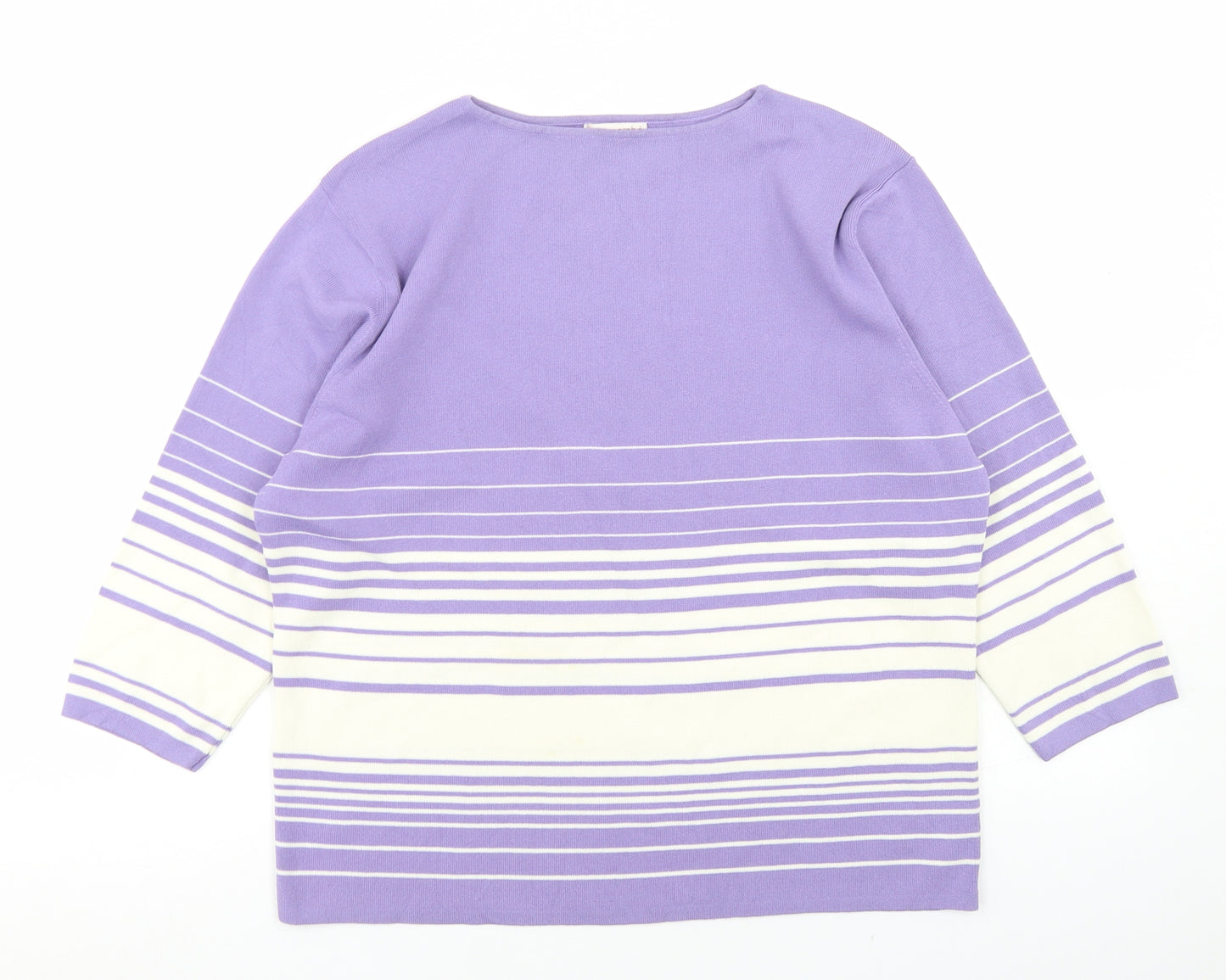 Bonmarché Womens Purple Striped Viscose Basic T-Shirt Size L Crew Neck