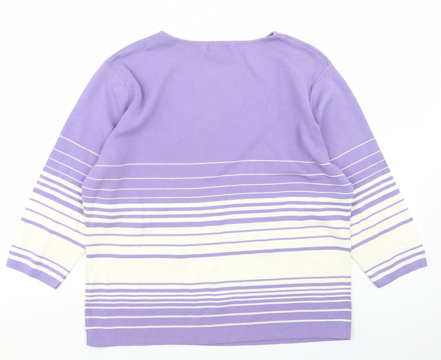 Bonmarché Womens Purple Striped Viscose Basic T-Shirt Size L Crew Neck