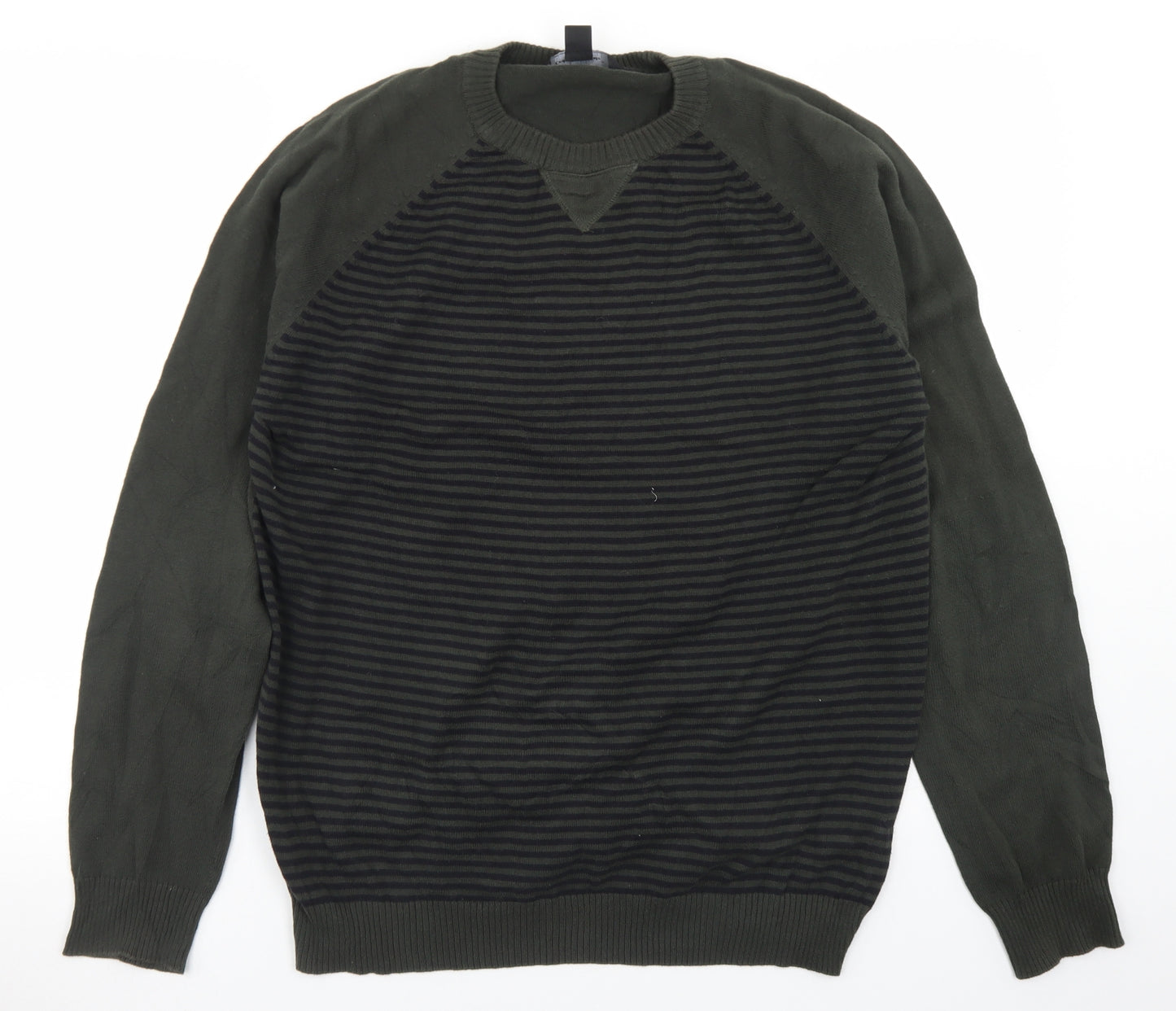 Cedar Wood State Mens Green Crew Neck Striped Cotton Pullover Jumper Size L
