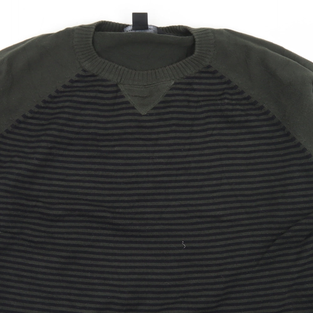 Cedar Wood State Mens Green Crew Neck Striped Cotton Pullover Jumper Size L