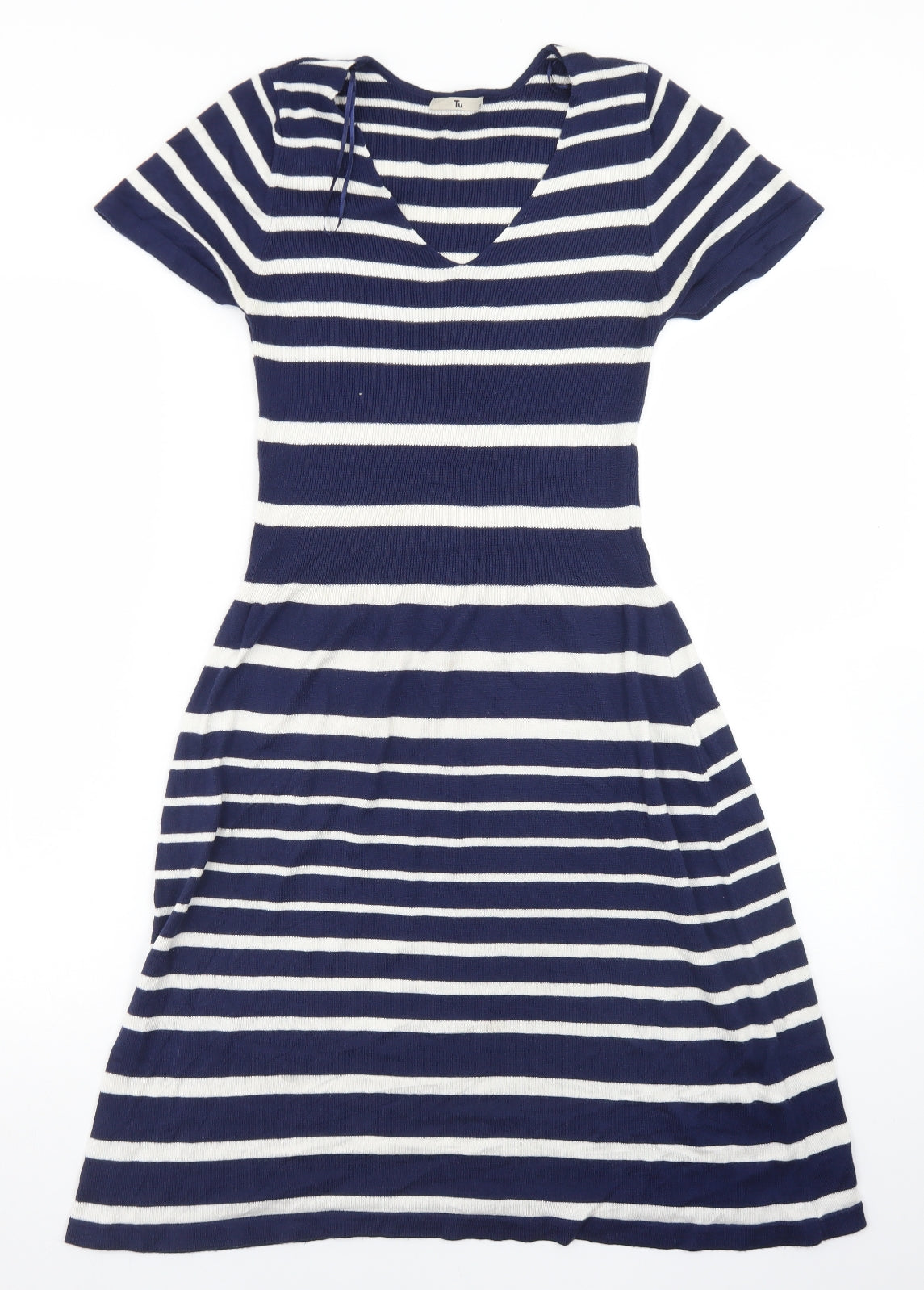 TU Womens Blue Striped Viscose Fit & Flare  Size 12  V-Neck