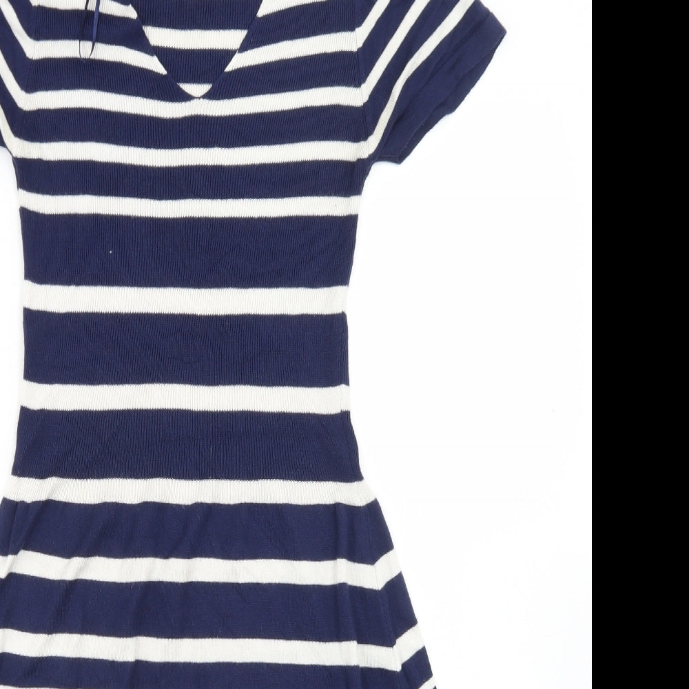 TU Womens Blue Striped Viscose Fit & Flare  Size 12  V-Neck