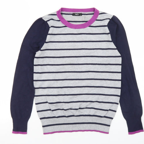 M&Co Womens Grey Crew Neck Striped Acrylic Pullover Jumper Size 12