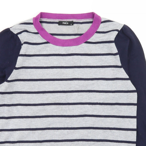 M&Co Womens Grey Crew Neck Striped Acrylic Pullover Jumper Size 12