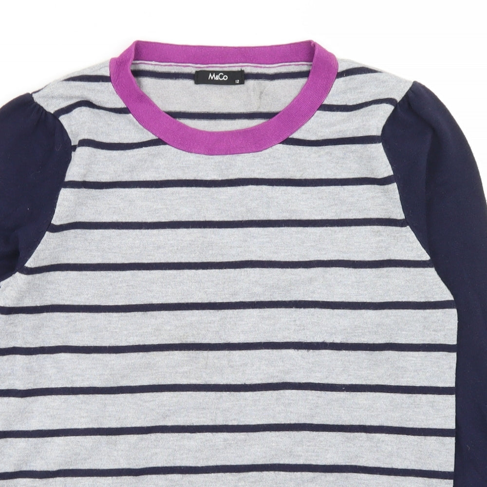M&Co Womens Grey Crew Neck Striped Acrylic Pullover Jumper Size 12