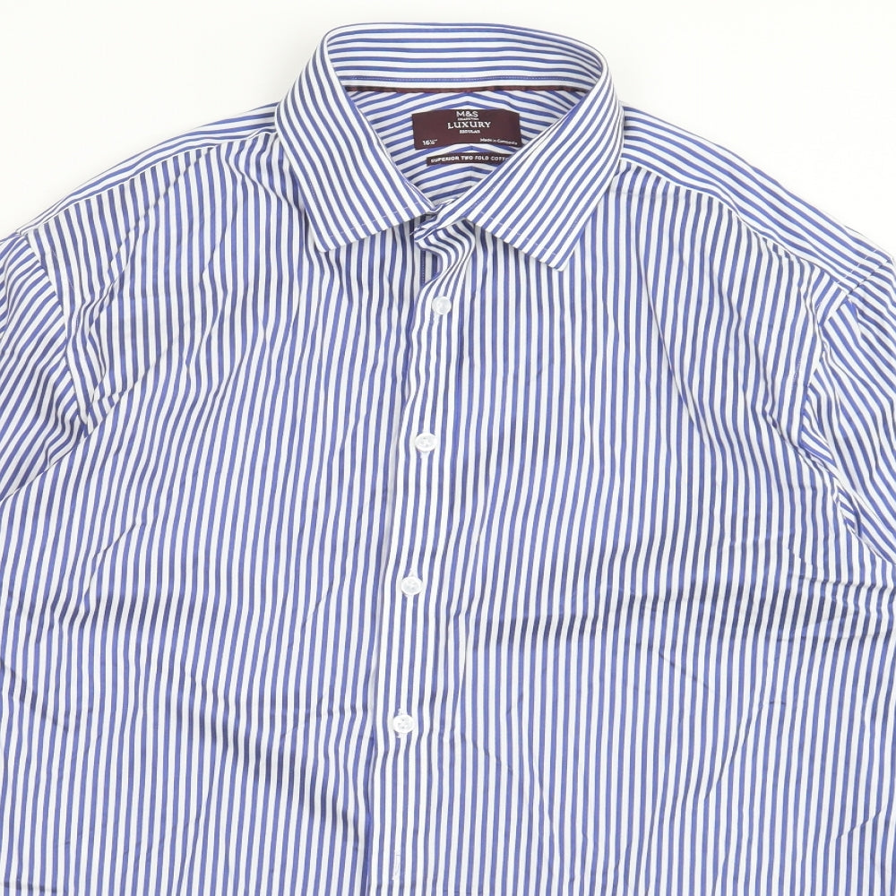 Marks and Spencer Mens Black Striped Cotton  Button-Up Size 16.5 Collared Button