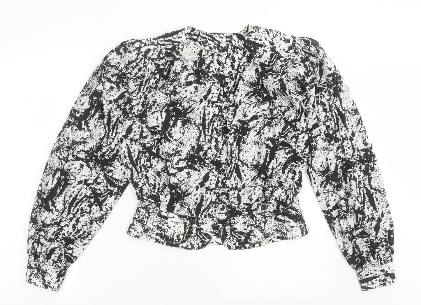 Jacques Vert Womens Black Geometric Polyester Basic Button-Up Size 14 Crew Neck - Padded Shoulders
