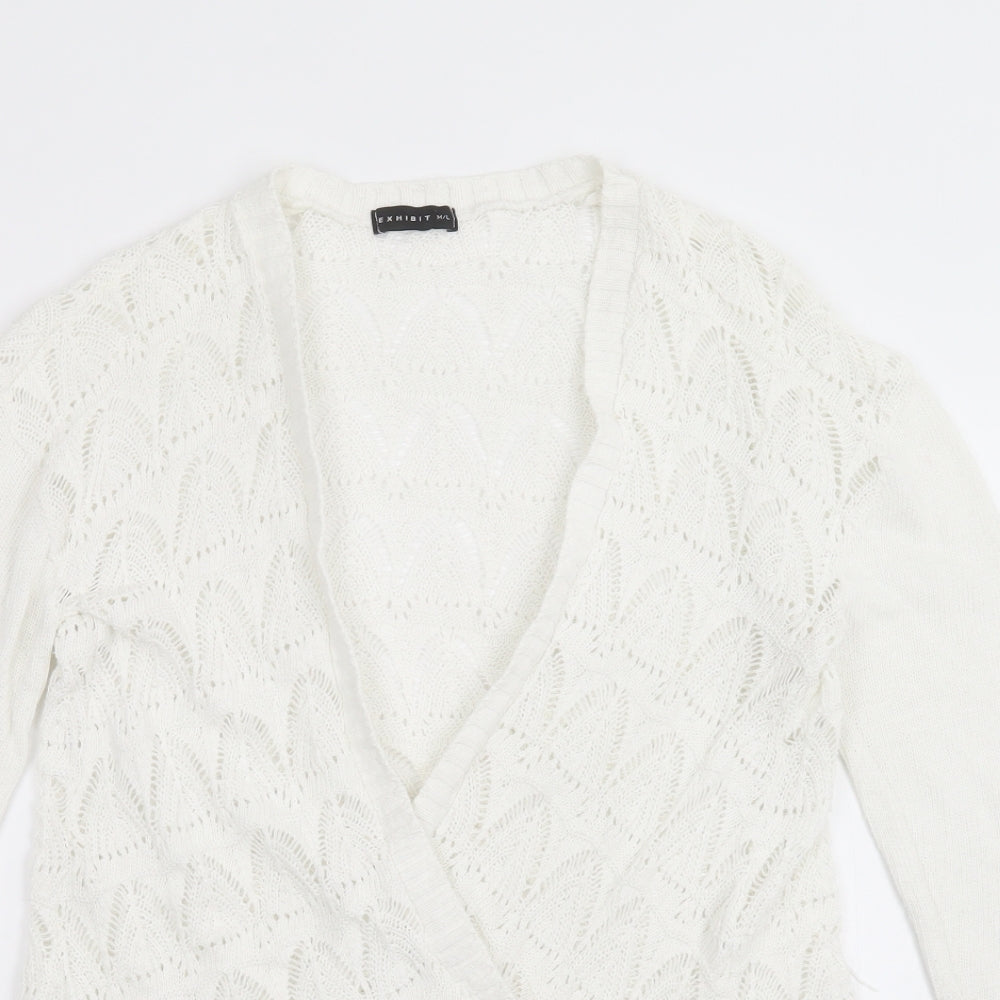 Exhibit Womens White V-Neck Argyle/Diamond Cotton Cardigan Jumper Size L