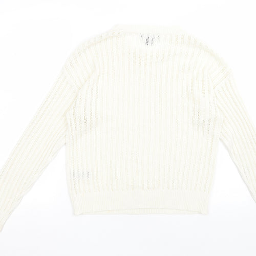 Primark Womens White Crew Neck  Acrylic Pullover Jumper Size M