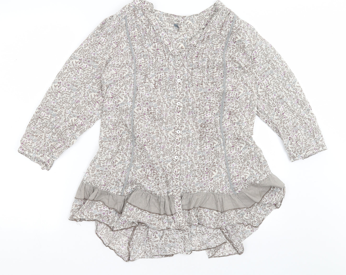 E-vie Womens Grey Floral Cotton Basic Button-Up Size 14 V-Neck
