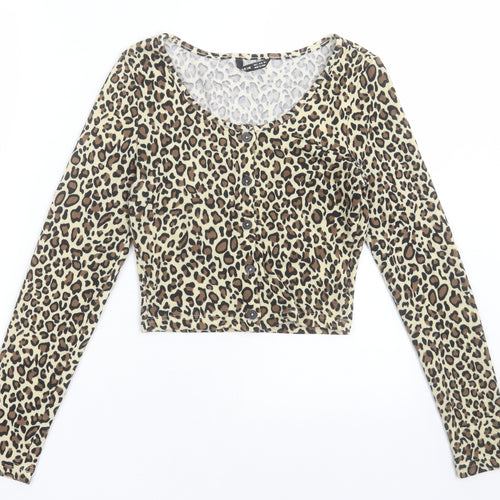 SheIn Womens Brown Scoop Neck Animal Print Polyester Cardigan Jumper Size S