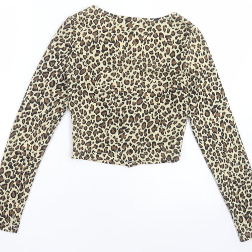 SheIn Womens Brown Scoop Neck Animal Print Polyester Cardigan Jumper Size S