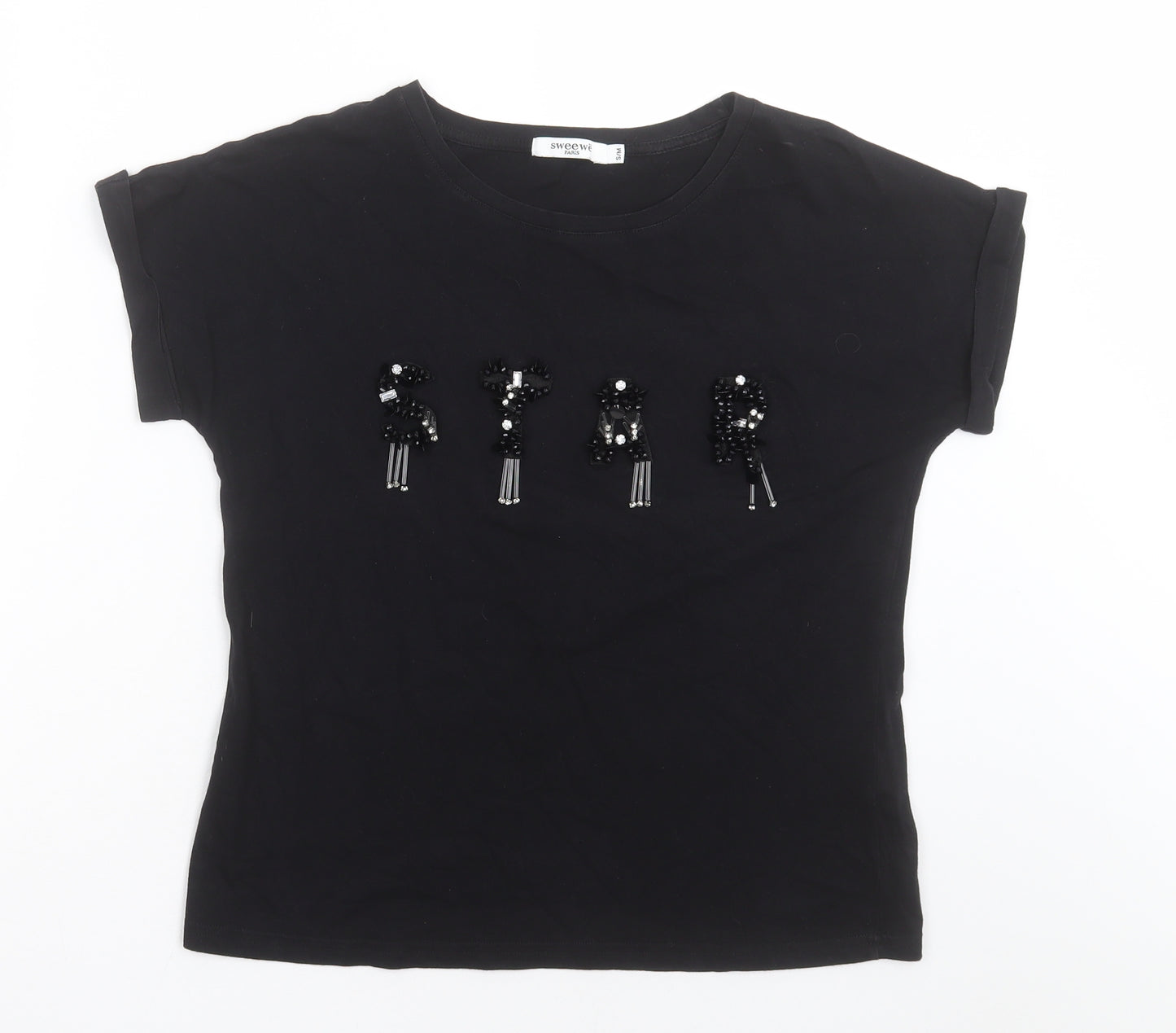 sweewe Womens Black  Cotton Basic T-Shirt Size S Crew Neck - Star