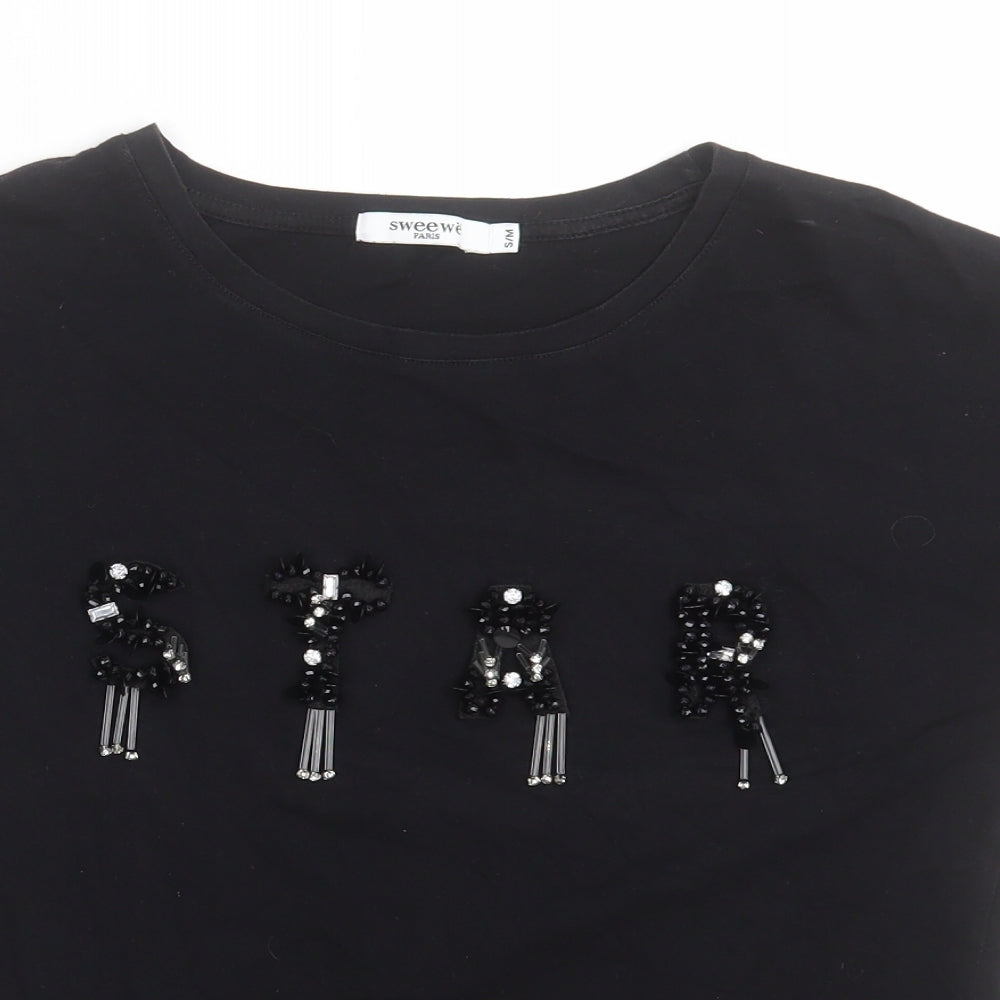 sweewe Womens Black  Cotton Basic T-Shirt Size S Crew Neck - Star