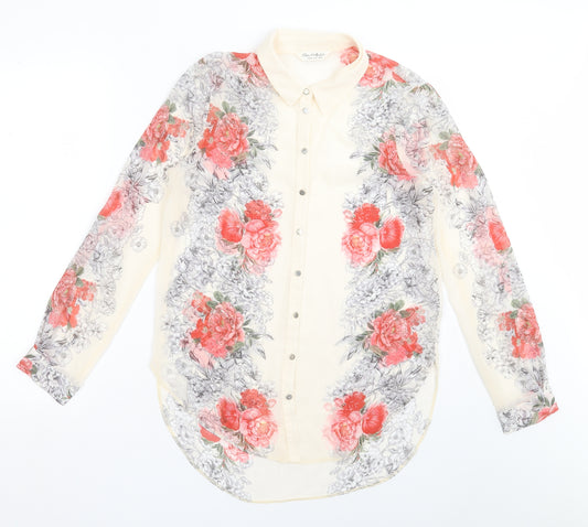 Front view of Miss Selfridge women’s ivory floral polyester basic button-up, size UK 10, collared