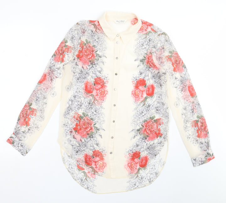 Miss Selfridge Womens Ivory Floral Polyester Basic Button-Up Size 10 Collared