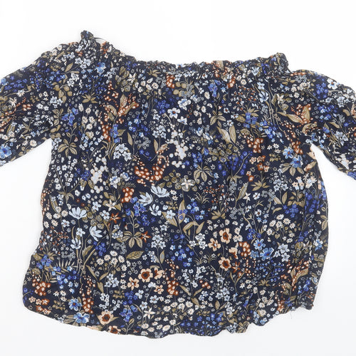Stradivarius Womens Blue Floral Viscose Basic Blouse Size S Off the Shoulder