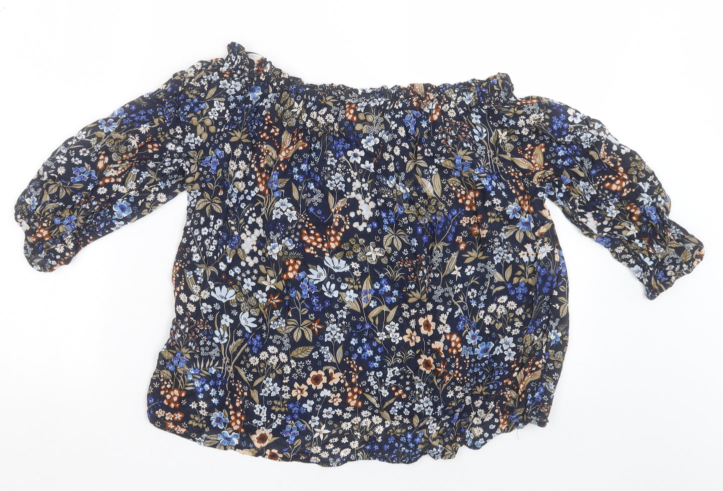 Stradivarius Womens Blue Floral Viscose Basic Blouse Size S Off the Shoulder
