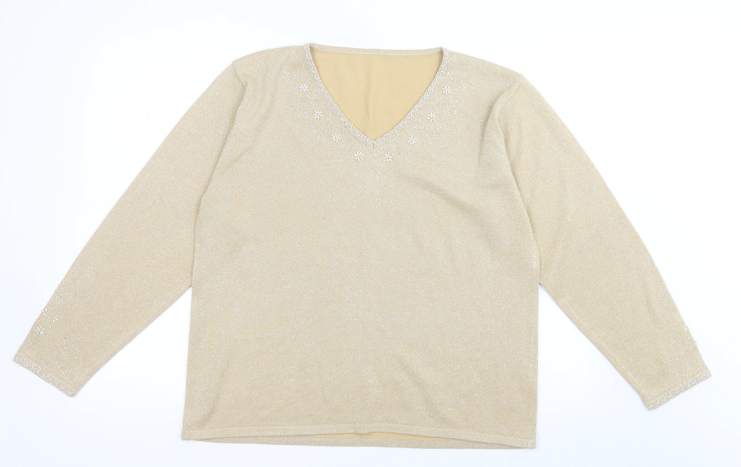 Bomarche Womens Gold V-Neck Fair Isle Acrylic Pullover Jumper Size L