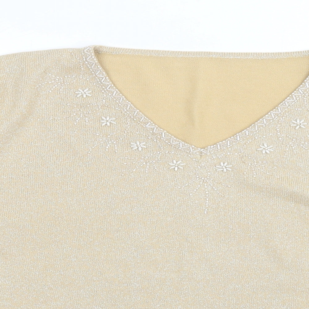 Bomarche Womens Gold V-Neck Fair Isle Acrylic Pullover Jumper Size L