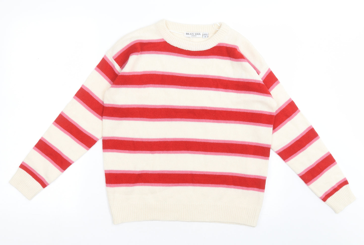 Brave Soul Womens White V-Neck Striped Acrylic Pullover Jumper Size S