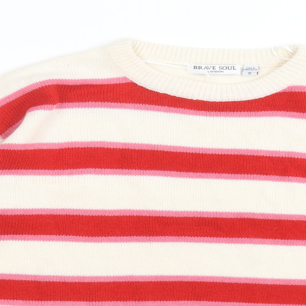 Brave Soul Womens White V-Neck Striped Acrylic Pullover Jumper Size S