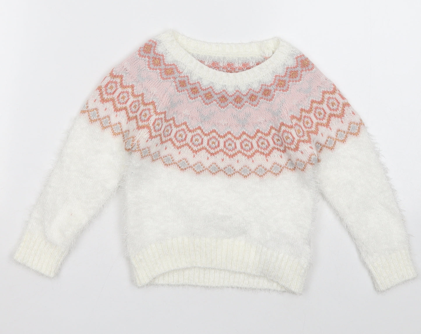Nutmeg Girls White Fair Isle Acrylic Pullover Jumper Size 12-18 Months  Pullover