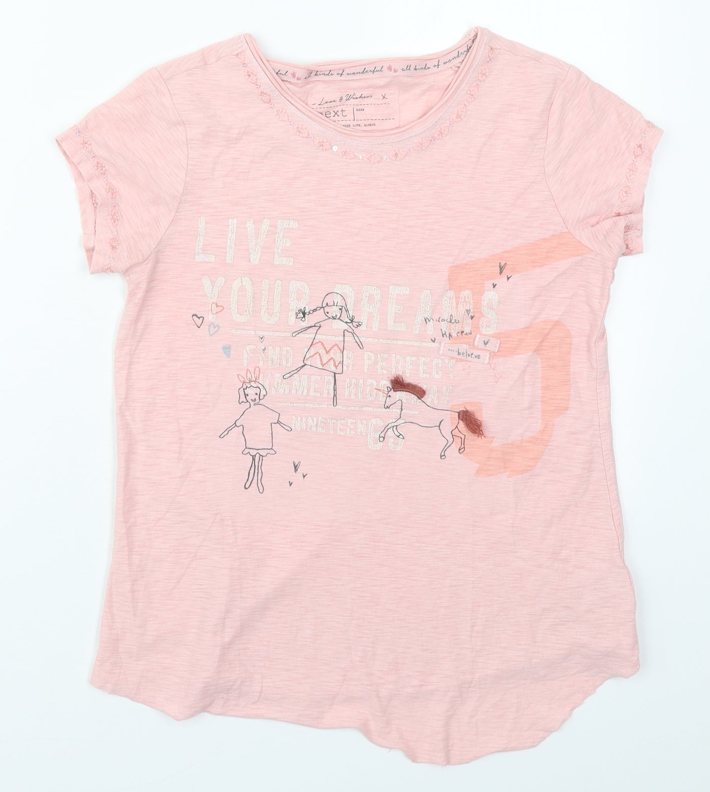 NEXT Girls Pink  Cotton Basic T-Shirt Size 13 Years Round Neck Pullover - Girls and Horses
