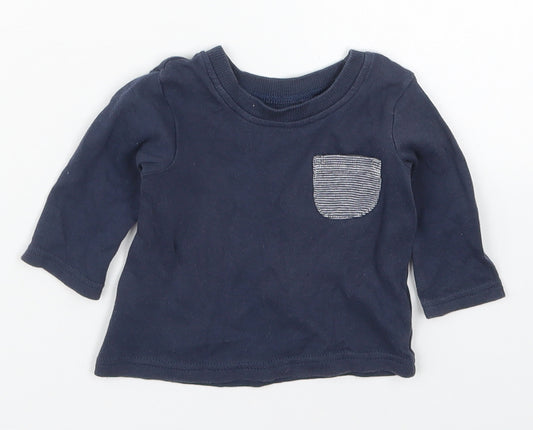 Front view of George boys’ blue cotton basic t-shirt, size 0-3, months crew neck pullover