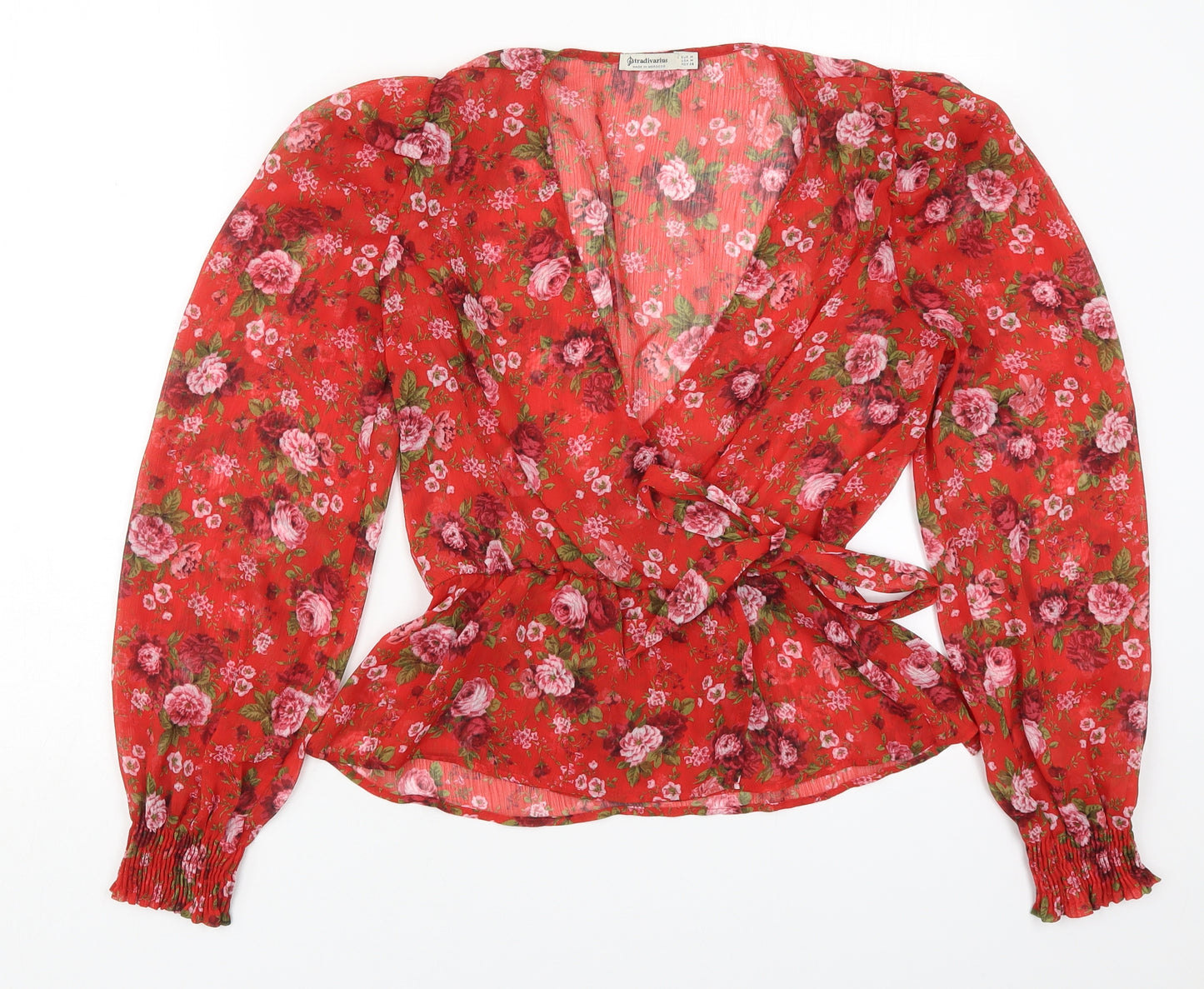Stradivarius Womens Red Floral Polyester Basic Blouse Size M V-Neck