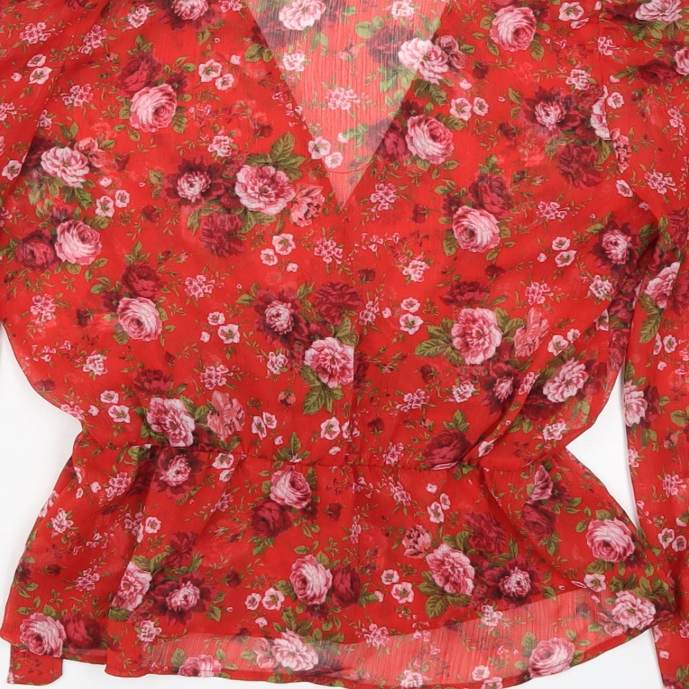 Stradivarius Womens Red Floral Polyester Basic Blouse Size M V-Neck