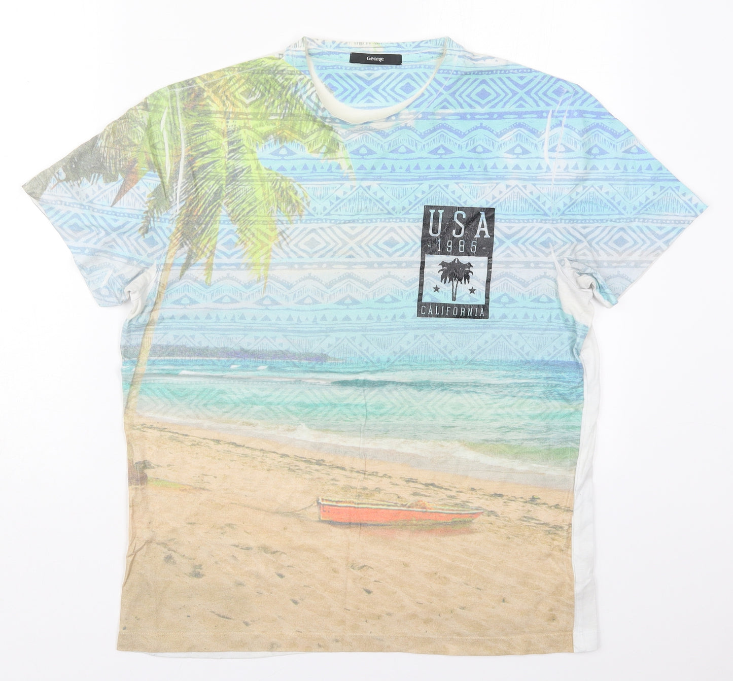 George Mens Blue Geometric Cotton  T-Shirt Size M Crew Neck  - USA California
