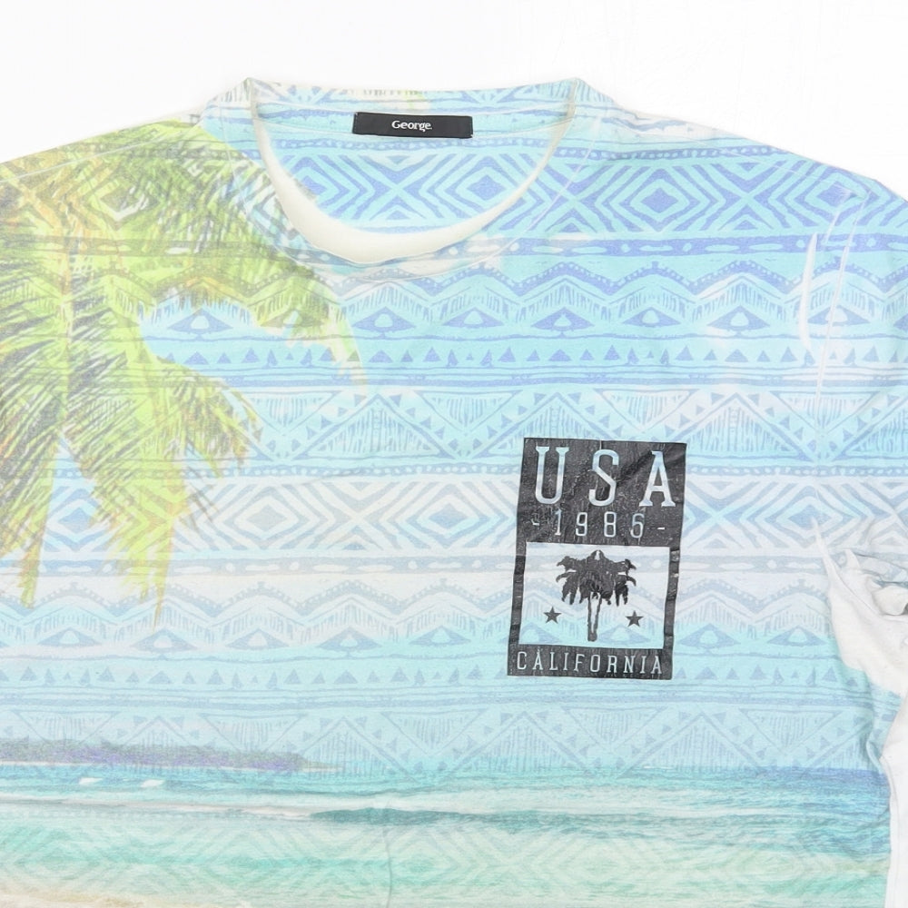George Mens Blue Geometric Cotton  T-Shirt Size M Crew Neck  - USA California