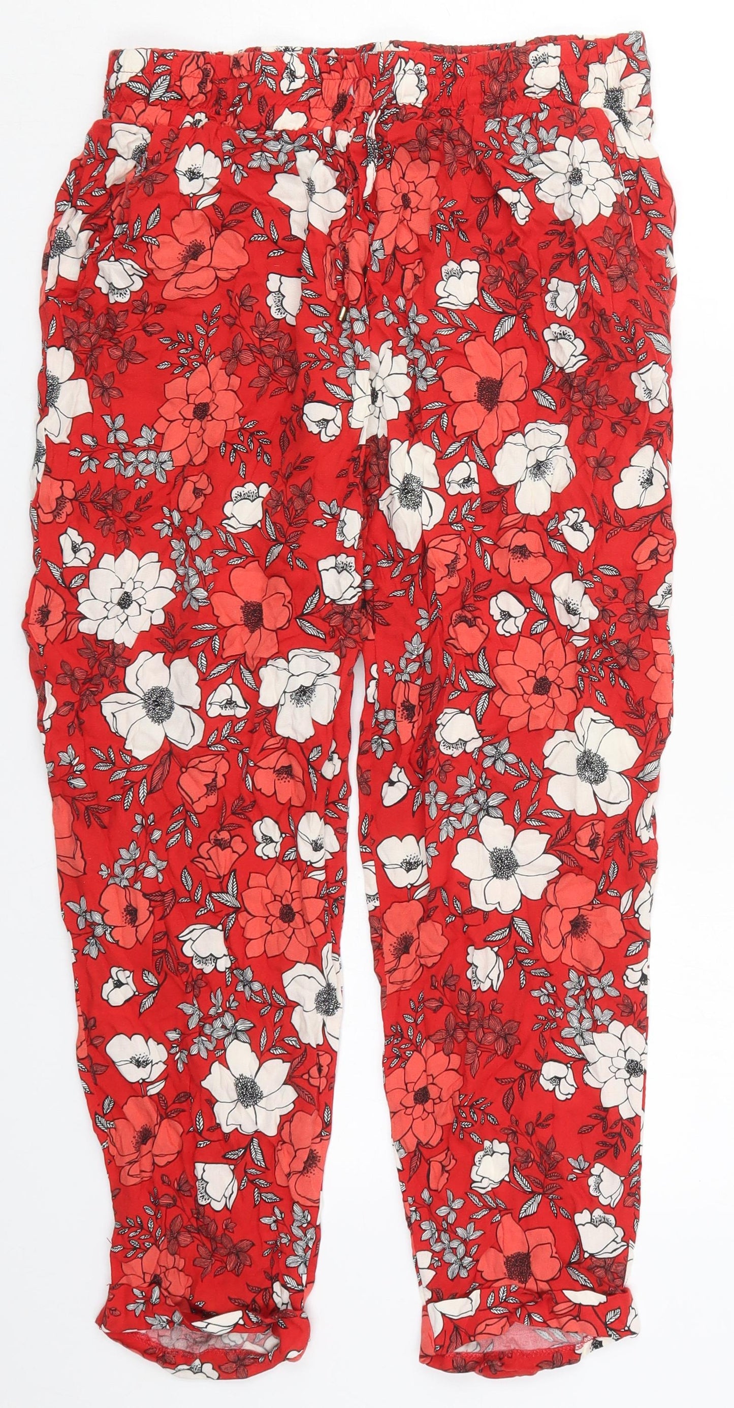 Dorothy Perkins Womens Red Floral Viscose Trousers  Size 14 L25.5 in Regular Drawstring