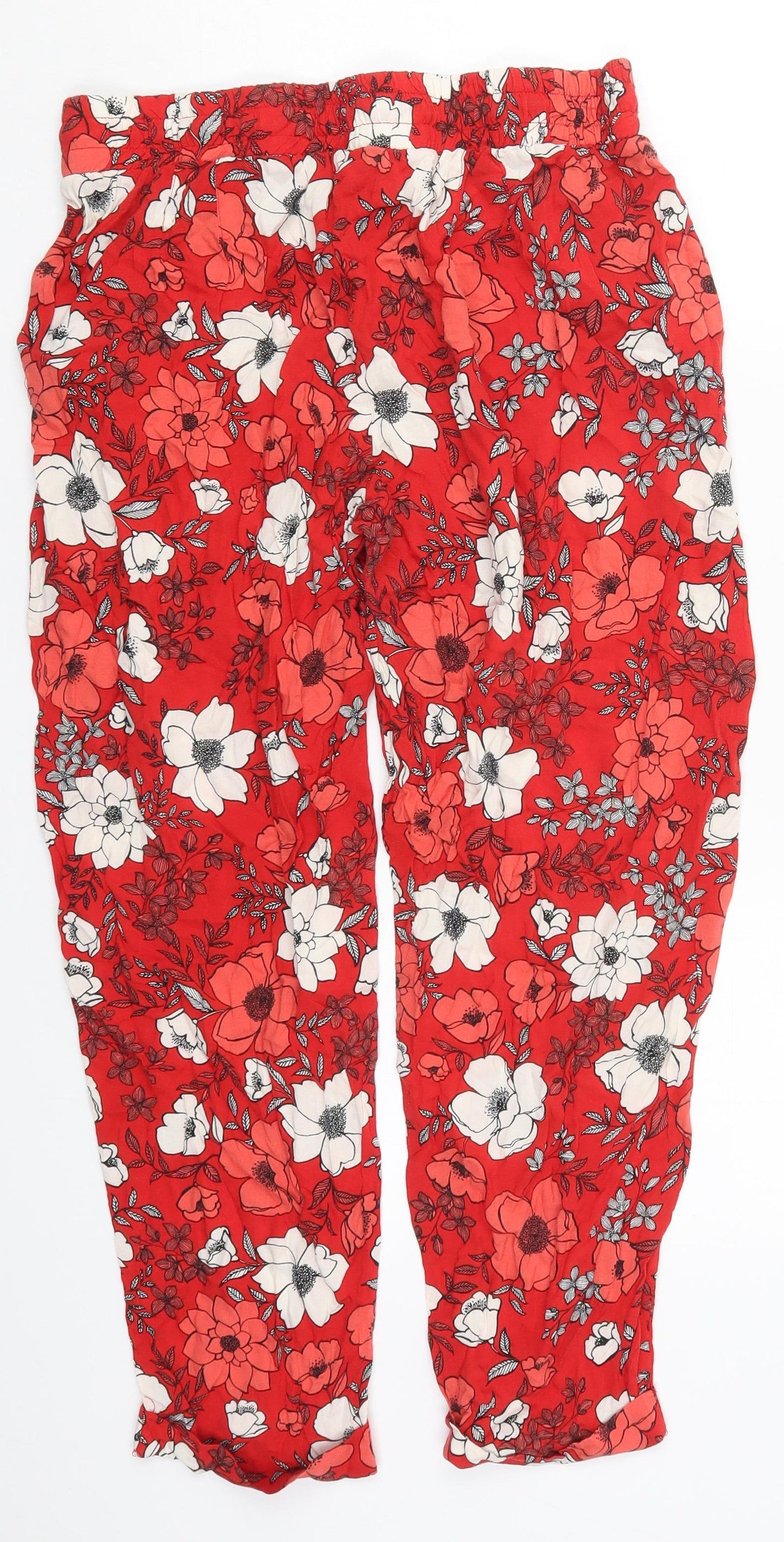 Dorothy Perkins Womens Red Floral Viscose Trousers  Size 14 L25.5 in Regular Drawstring