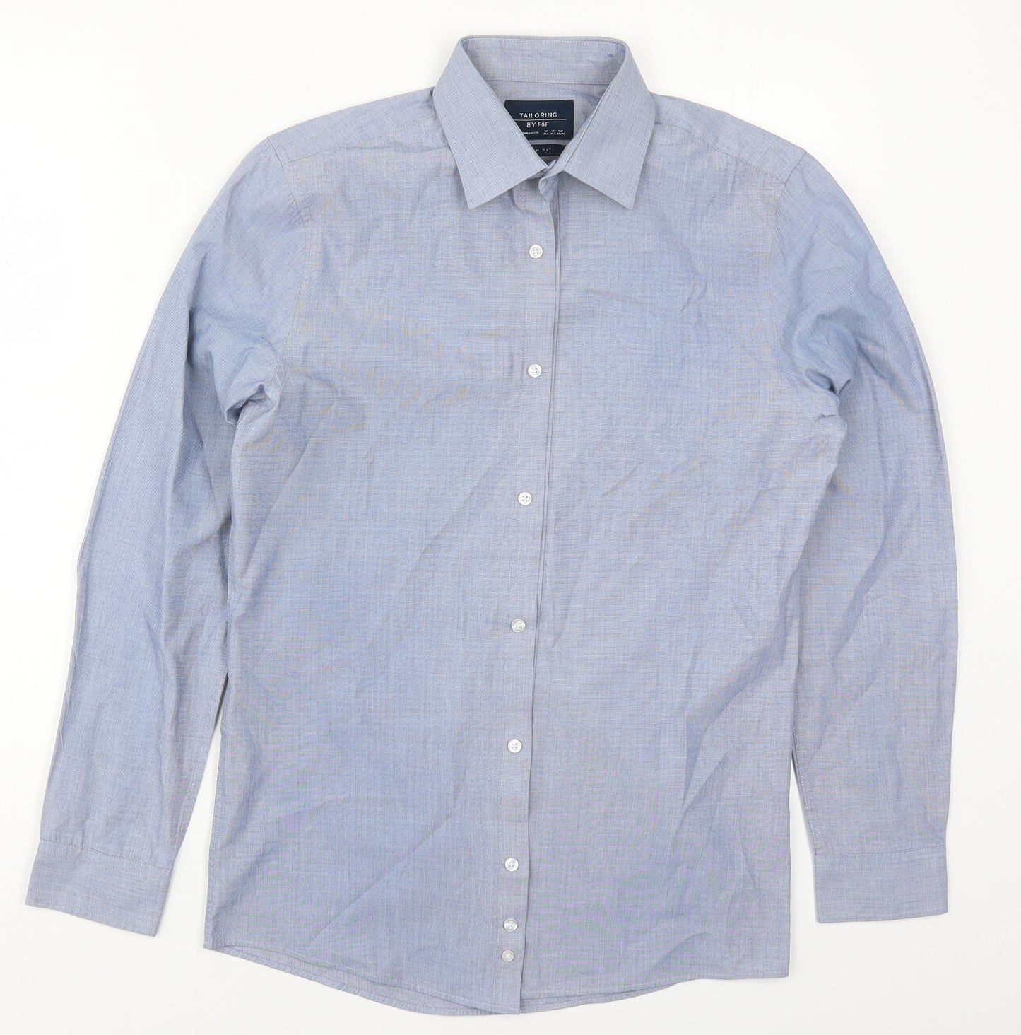 F&F Mens Blue  Polyester  Button-Up Size 14.5 Collared Button